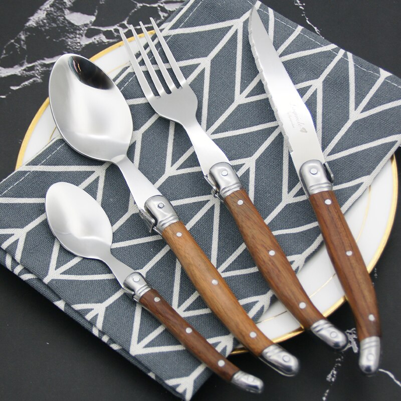 Laguiole-cuchillos para carne, tenedores, cuchara de mesa, Mini cucharadita de café, mango de madera, cubiertos para restaurante, Bar, vajilla de madera, 6 uds.
