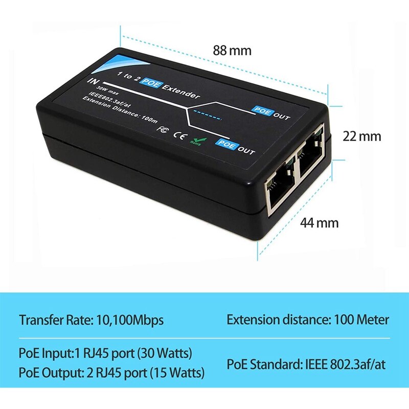 2 Port POE Extender 10/100Mbps mit IEEE 802,3 Standard Af Eingang/Ausgang für IP Kamera Verlängern 100 meter für POE Palette