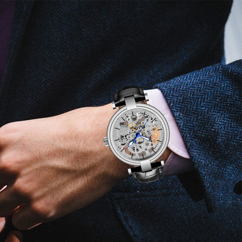 Forsining dubbelzijdig transparant waterdicht automatisch herenhorloge topmerk luxe skelet lichtgevend leren heren polshorloge
