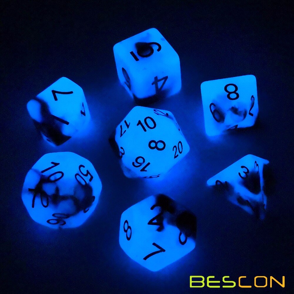 Bescon Twee-Tone Glow-In-The-Dark Polyhedrale Dobbelstenen Set Blauw Dawn, lichtgevende Rpg Dobbelstenen Set D4 D6 D8 D10 D12 D20 D % Baksteen Box Pack