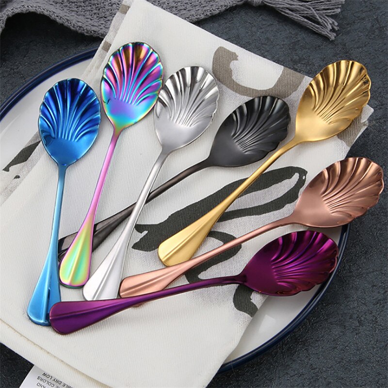 Coffee Spoon Stainless Steel Shell Tea Spoon Cake Dessert Fruit Fork Stirring Mini Spoon Dropshiping