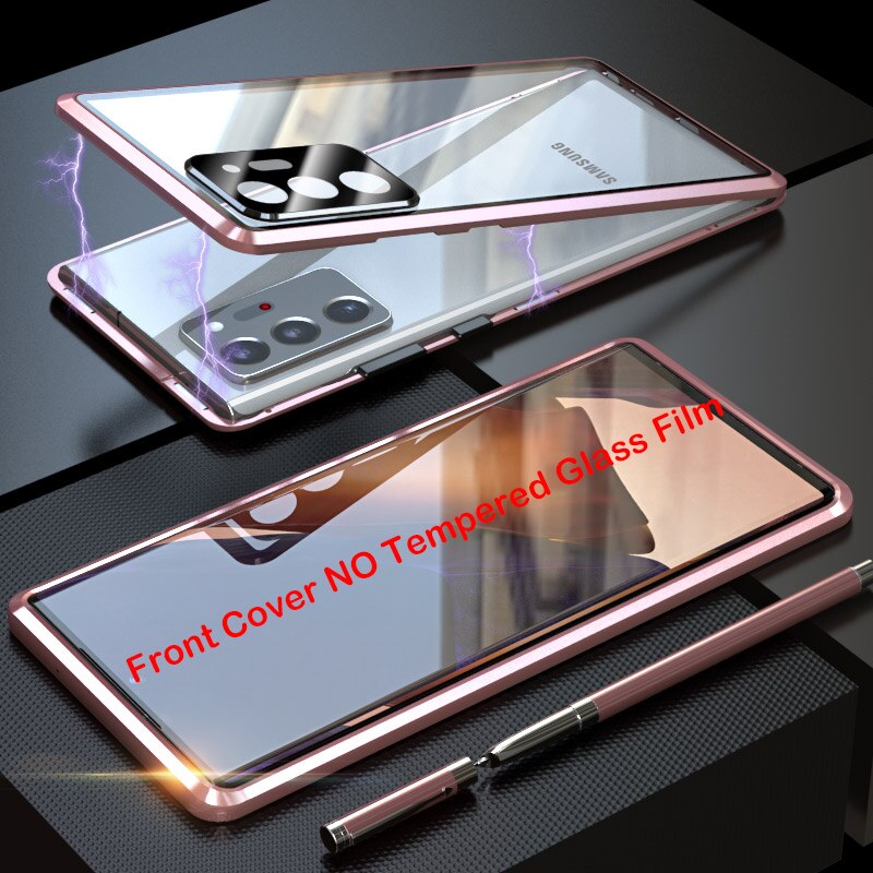 Volledig magnetische hoes voor samsung galaxy note 20 ultra, gehard glazen hoesje, metalen bumper, note 20 cameralens beschermhoes: Noot 20 ultra / Roze