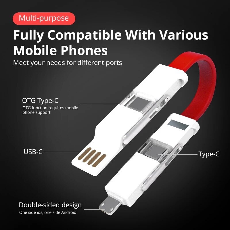 Porte-clés magnétique 4 en 1, câble Micro USB type-c à 8 broches pour recharge et données, cordon de chargeur Portable court pour iPhone et Android