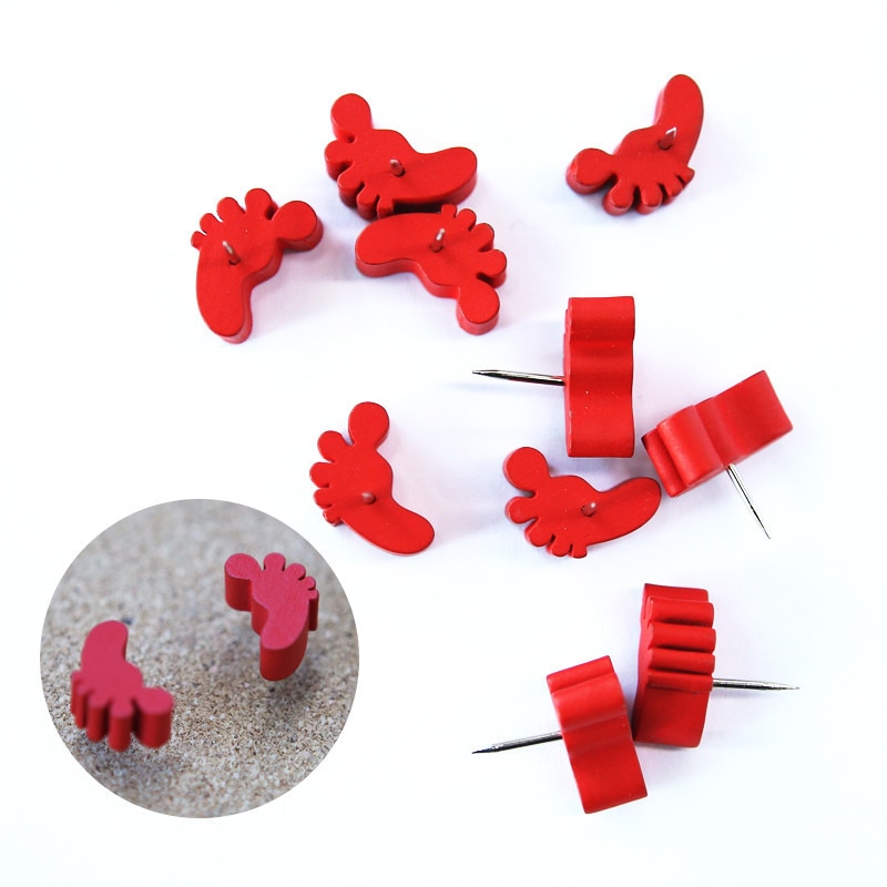 10pcs Wooden Push Pins Mark Tack Pin Map Labels Thumbtack Photo Wall Studs Scene Poster Pins Nails Red Foot Shaped Pushpin
