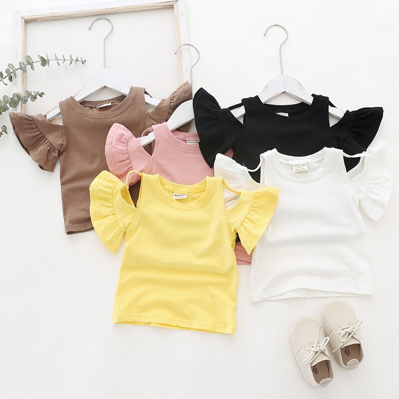 Zomer Leuke Meisjes T-shirt Ruches Off Shoulder Effen Kleur Flouncing Korte Mouw Ronde Kraag Top Kinderen