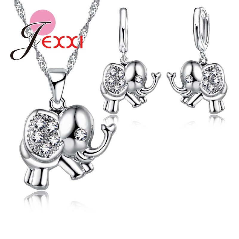 Lovely 925 Sterling Silver Chain Cubic Zirconia Elephant Necklace Earrings Sets Bijoux Dress Jewelry Accessories