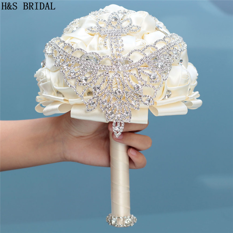 H&amp;S BRIDAL Ivory Crystals Crown Wedding Flowers Crystals Bridal Bouquets Artificial Wedding Bouquets buque de noiva