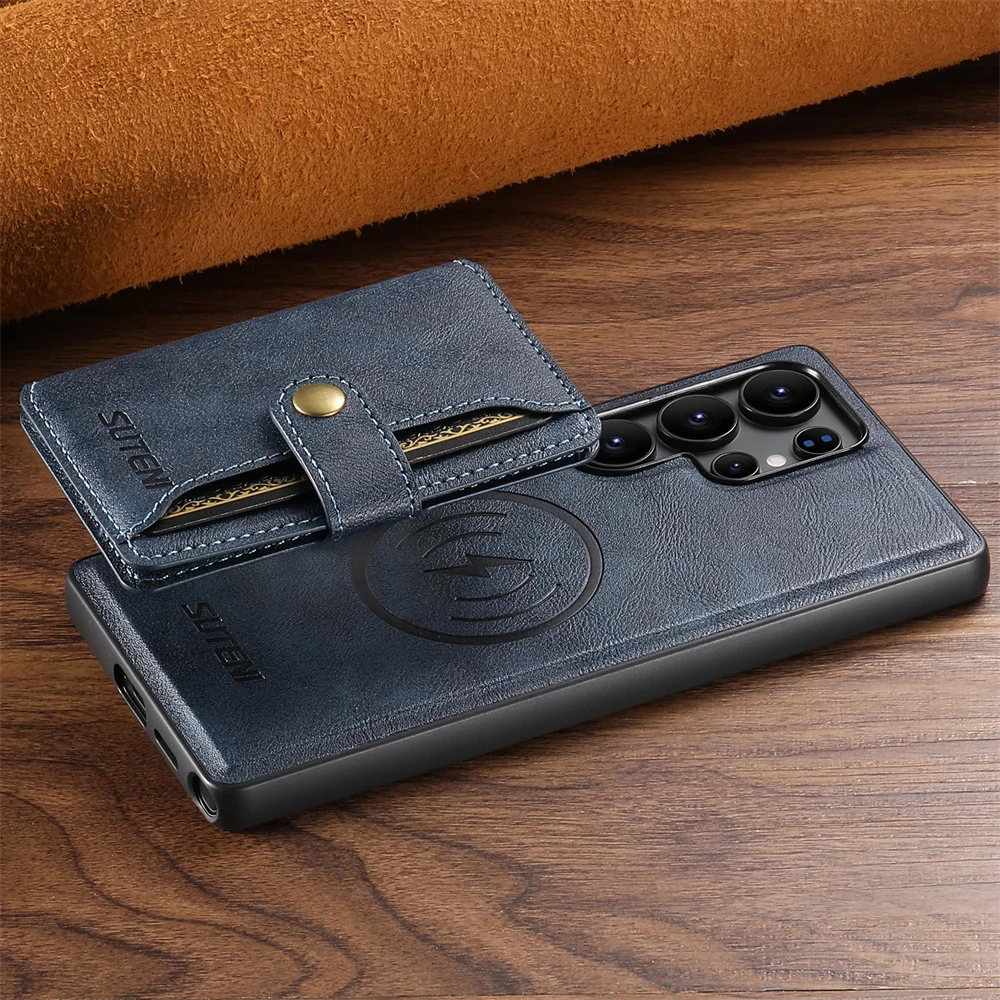 Magsafe afneembare magnetische portemonnee met kaarthouder telefoonhoesje voor galaxy  s25 s24 s23 s22 ultra, beschermhoes van pu-leer: Blauw / Voor iphone 16 plus