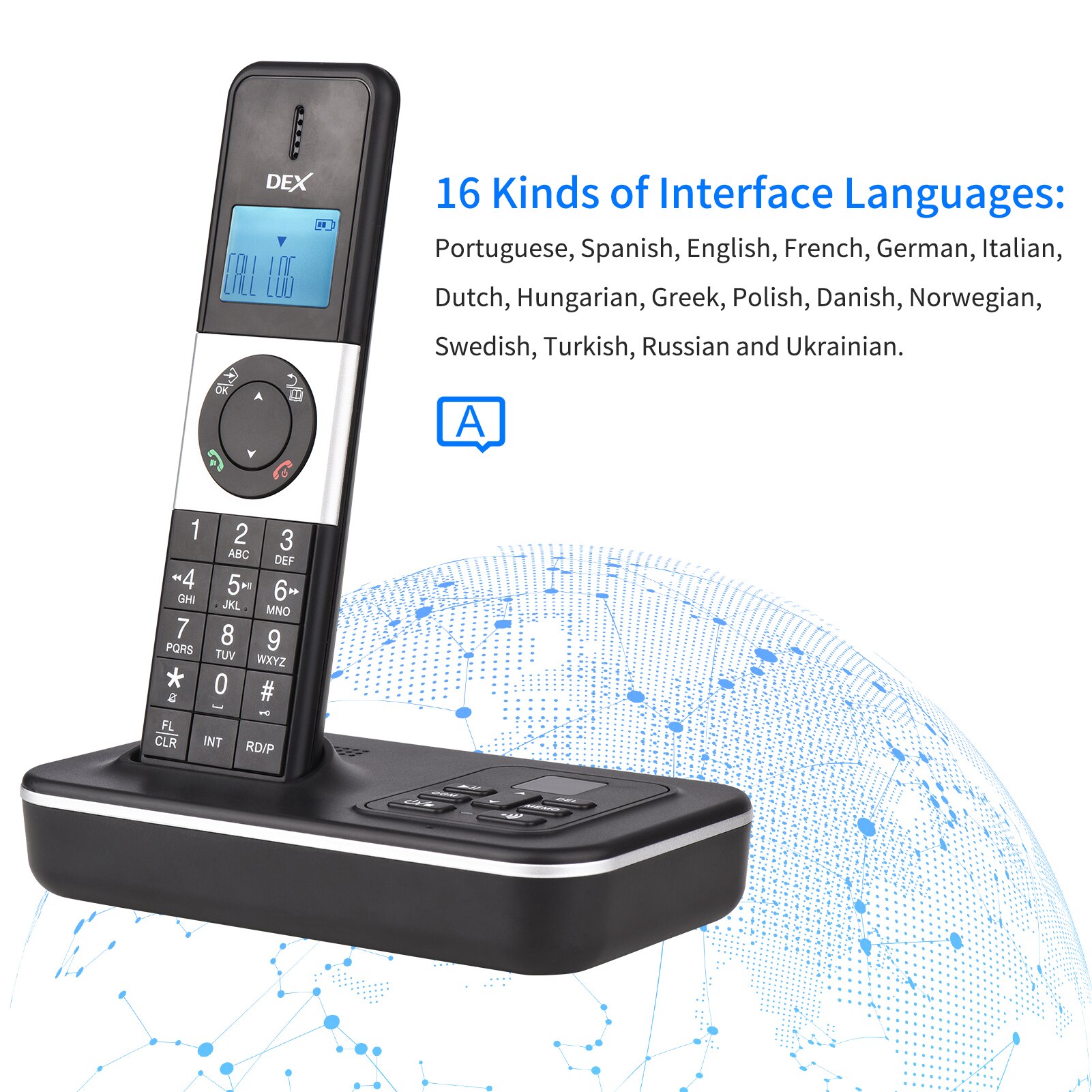 TAM-D D1002-teléfono inalámbrico con 2 dispositivos, dispositivo con respuesta automática, identificador de llamadas, espera de llamadas, pantalla LCD de 1,6 pulgadas, compatible con 16 idiomas