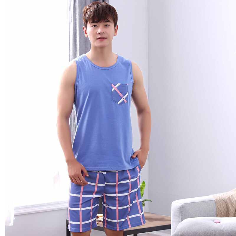 Summer Pyjamas Men Print Casual 100% Cotton Sleepwear Mens Lounge Wear Loungewear Pajamas: XL