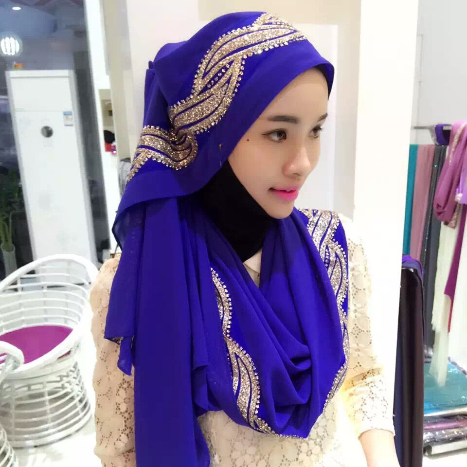 Fblus clurs dubai rejse skinnende tørklæde moske tørklæde dame chiffion farveblok hijab tørklæde sjal: Blå