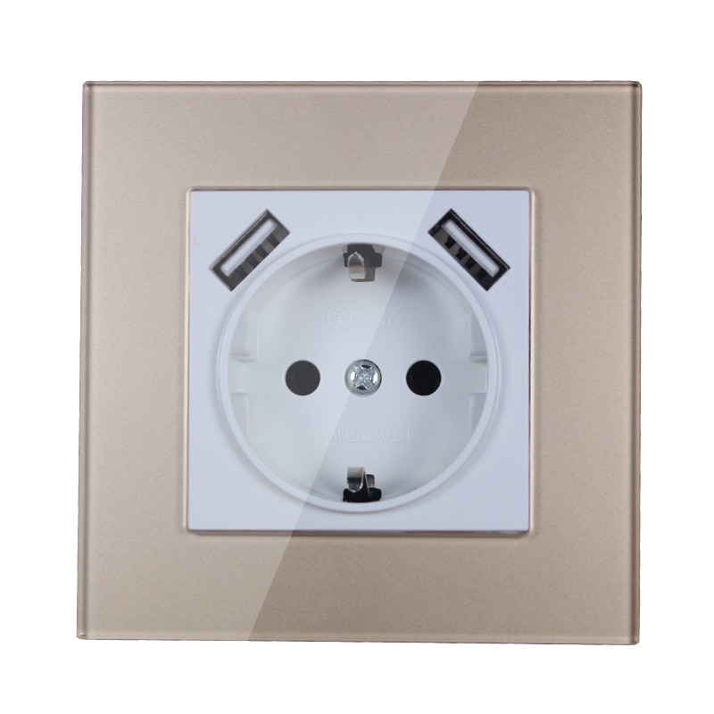 Muur Usb Socket 5V2A Eu Standaard Extension Outlet Met Dual Thuis Usb Plug Oplader Stopcontact Met Usb Acryl Goud YB7