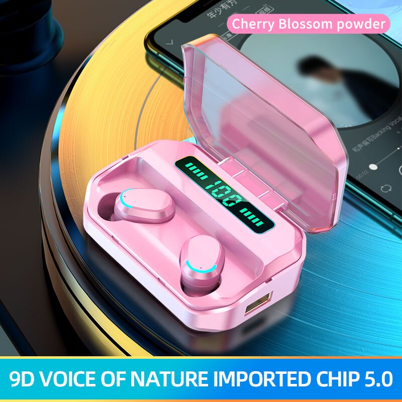 Bluetooth 5.0 ta på-kontroll trådløst musikkhodesett øreplugg med ledet-skjerm ladeboks egnet vanntett hifi stereo 2200 mah: Rosa