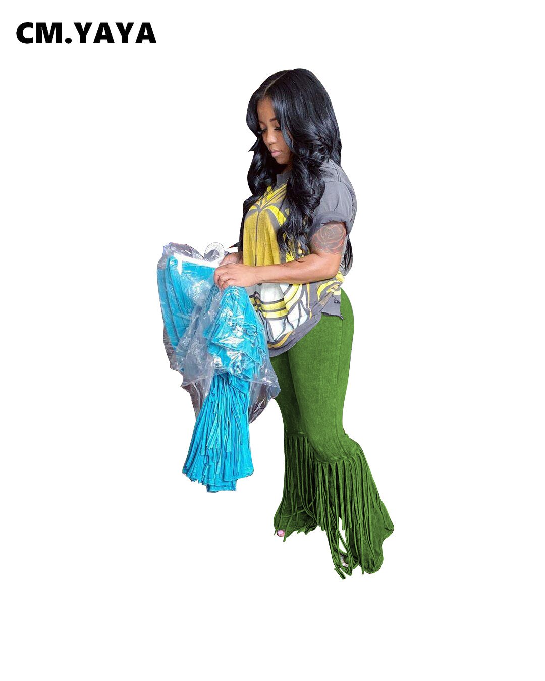 CM.YAYA-ropa de calle de ante para mujer, pantalones de empalme con borlas, Leggings de cintura alta, pantalones de chándal drapeados con campana acampanados