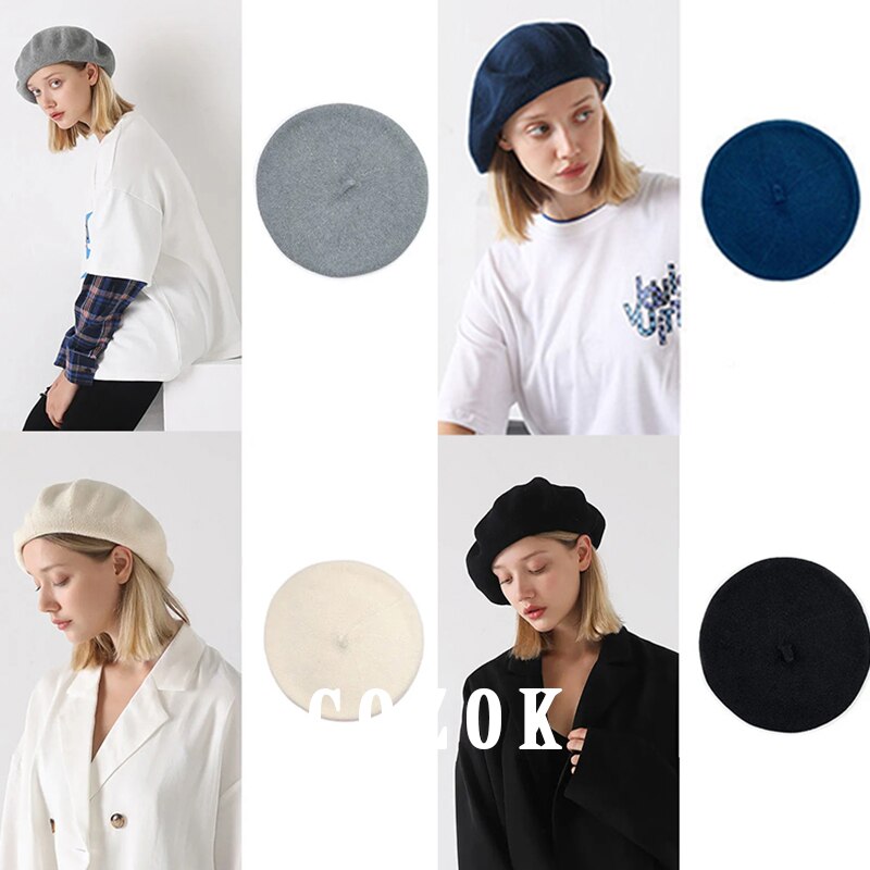 Boinas de punto para mujer, boina a la , suave, Flexible, sólido, cálido, Vintage, para invierno