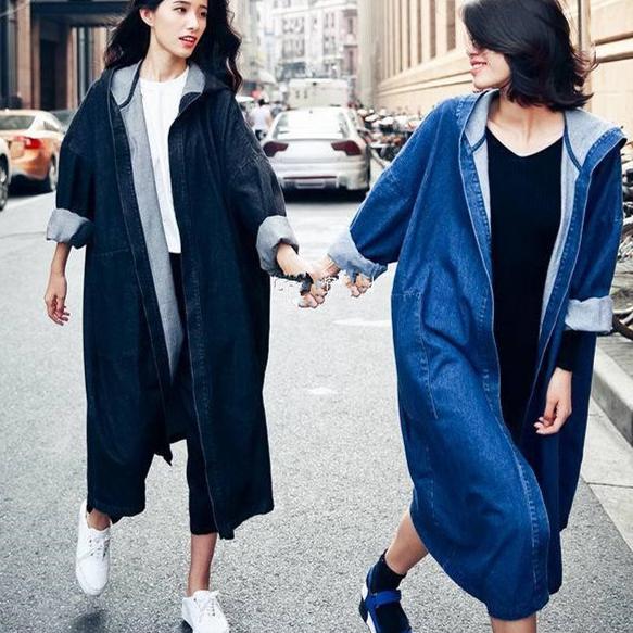 Trench coat en denim femme, ample super long en denim trench coat femme, décontracté avec capuche en denim, printemps