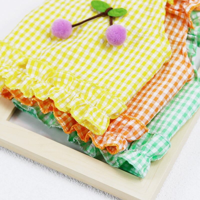 Ropa de verano para perros, vestido de tirantes de cereza a cuadros, falda fina con protector solar para perros pequeños, disfraz de Chihuahua, Bichon, caniche, vestidos para cachorros y mascotas