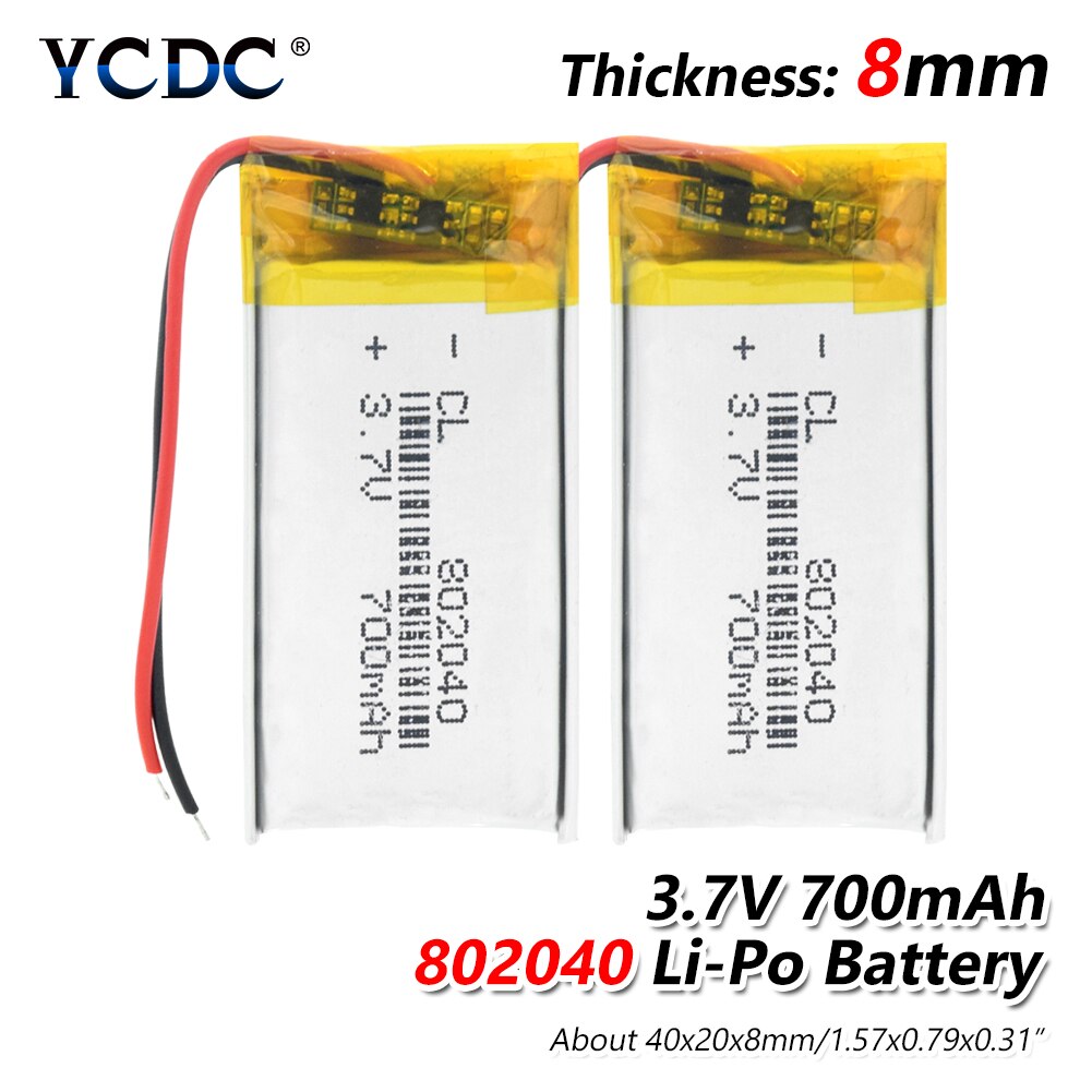Batería 802040 para teléfono Dvr GPS Mp3 Mp4 Mp5 Altavoz Bluetooth E-Book 3,7 V 700mAh polímero de litio recargable acumulador: 2Pcs