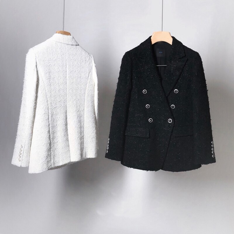 Tweed veste longues manches femme, Blazer de bureau femme Double boutonnage blanc noir veste femme veste printemps automne