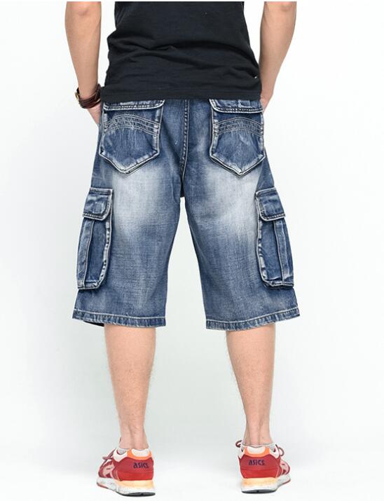 Mænd løse baggy denim shorts mænd jeans streetwear lange 3/4 capri cargo shorts lomme bermuda mandlige multi-lomme denim shorts: 44