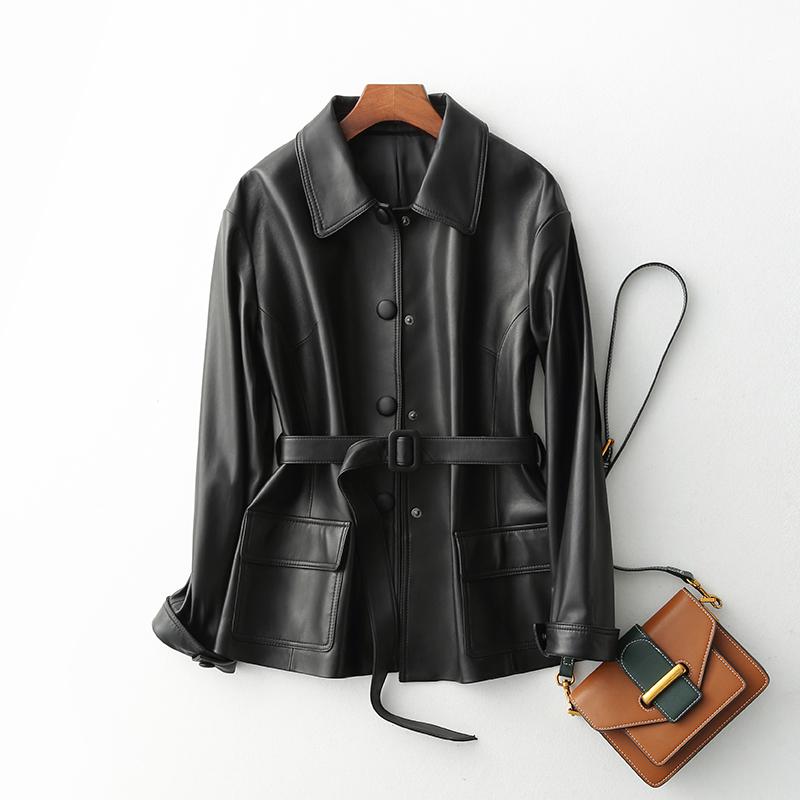 Fitaylor kvinder grøn læderjakke med bælte afslappet faux læderjakker damer single-breasted basic coat highstreet outwear: Sort / M
