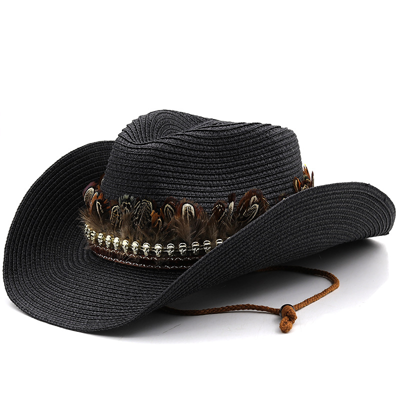 Hand Made Straw Western Cowboy Hat For Women Men Summer Curling Brim Beach Sun Hats Panama Cowgirl Jazz Cap: black