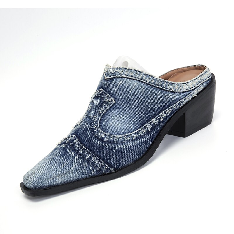 LazySeal-Zapatillas de tela vaquera con tacón cuadrado para mujer, zapatos informales, puntiagudas, sin cordones, para otoño: 8,5