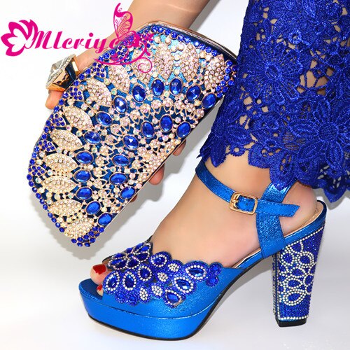 Italian Shoes With Matching Bags Set African Women's Party Shoes and Bag Sets green Color Women High Sandals And Handbag: Blue / 40