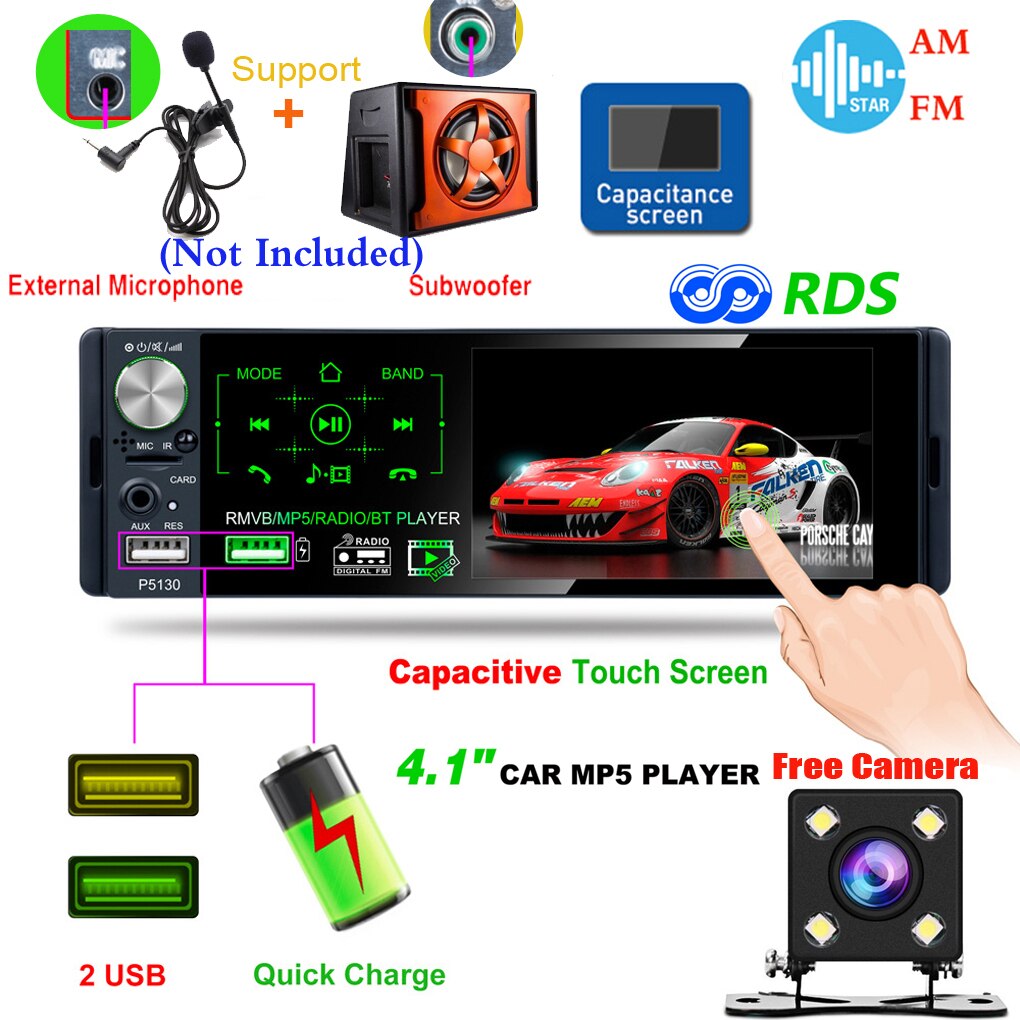 4.1 " 1 din kapacitiv pekskärm bluetooth bilstereo radio  mp5 spelare fm/am/rds+subwooferutgång+gratis kamera