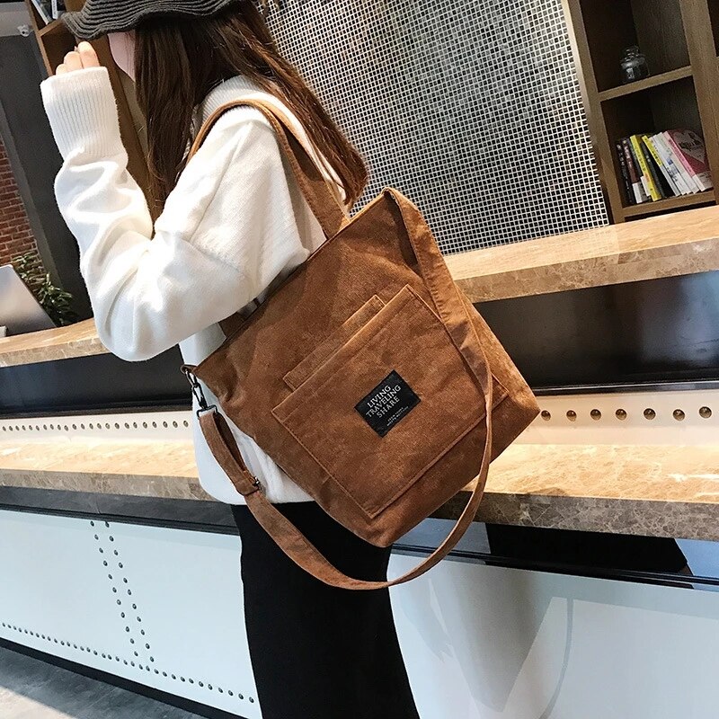 Vrouwen Corduroy Schoudertassen Gestreepte Doek Stof Handtassen Casual Zip Tote Canvas Crossbody Tas Leuke Boodschappentas Voor Dames