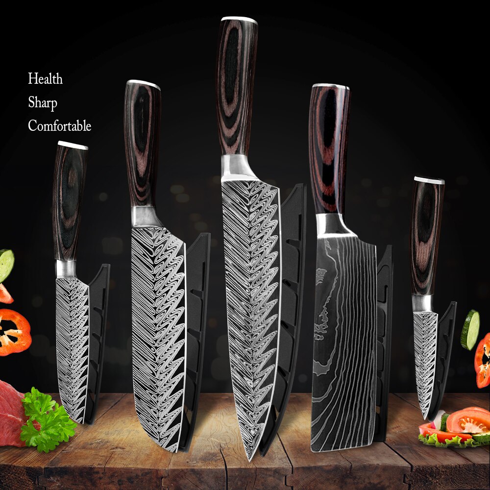 Køkkenkok sæt kniv rustfrit stål knivholder santoku værktøj skåret kløver brødskæreknive dæksel skede sag kantbeskytter