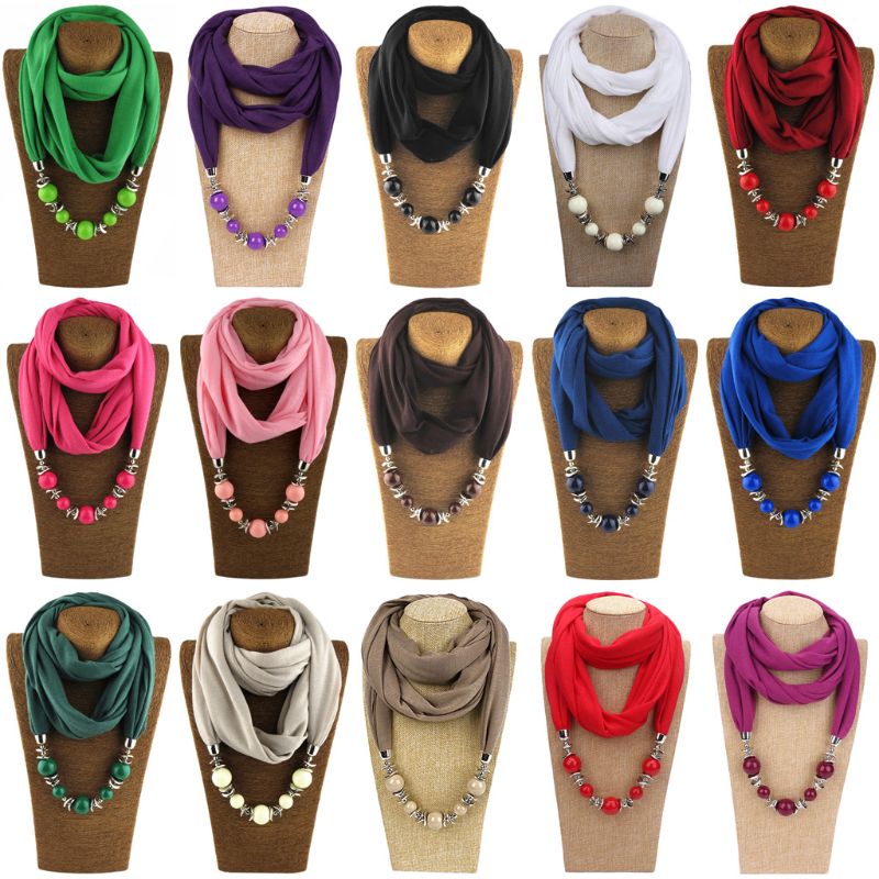 Womens Neckerchief Ring Scarf Necklaces Beads Solid Color Jewelry Shawl