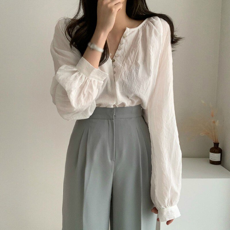 Jlong Temperament Long Sleeve Thin Shirt Women Chic Solid Color Blouse Spring Autumn Loose Shirts Tops
