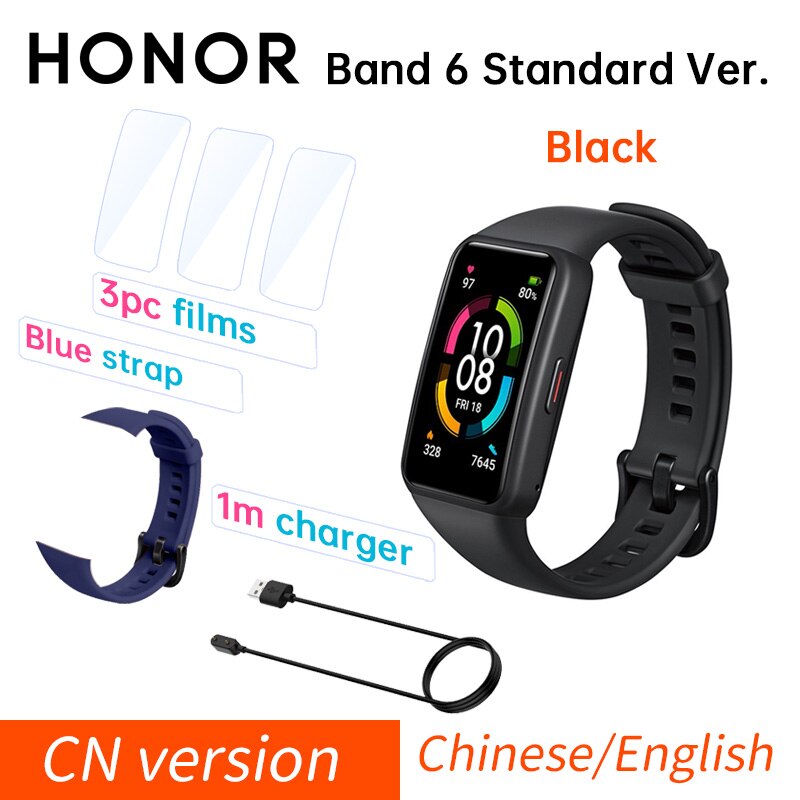 Honor Band 6 Global / CN Version Smartband Bracelet AMOLED Color Touchscreen Blood Oxygen SpO2 Heart Rate Sleep Swim Waterproof: CN Std Black blue c