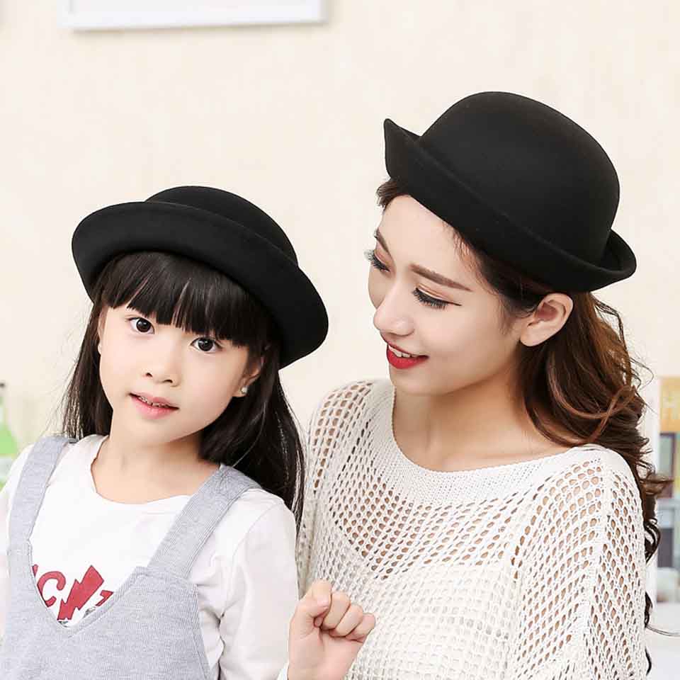 Parent-child Fedora Hat Kids' Round Top Hat Dome Cap Children Dress Hats Felt Hats Wool Felting Bowler Hat For Mom and Baby