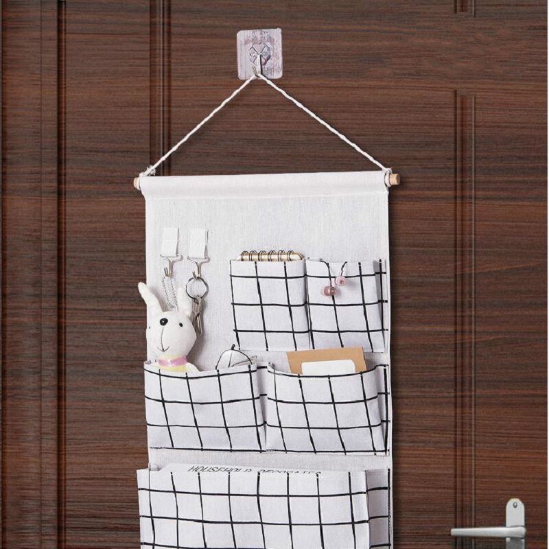 5 Pockets Cotton Linen Fabric Wall Door Hanging Bag Organizer Storage Pouches Wardrobe Closet Storage Bag Sundries Pouches