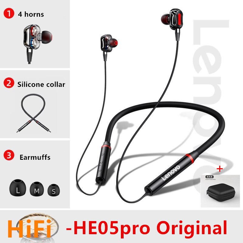 Lenovo Earphones Bluetooth Wireless Stereo Sports IPX5 Waterproof Sport Earbud Headset Noise Reduction Magnetic Runing Headset: he05blackpro case