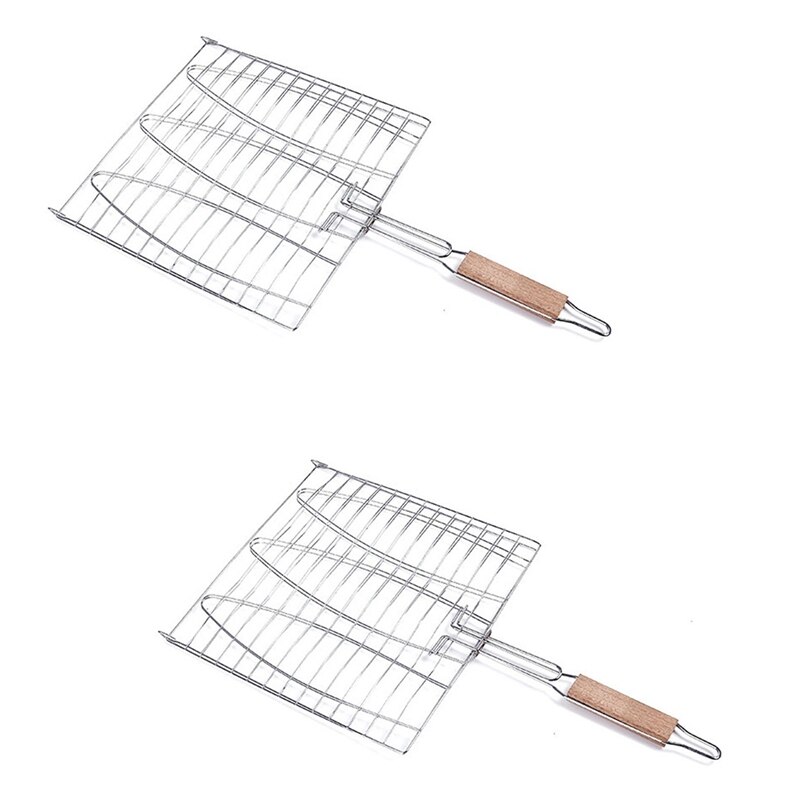 BBQ Fisch Grill Netto Grill Grillen Fisch Gestell Nicht-Stock verdreifachen Fisch Grillen Korb Holz Griff Grill Werkzeug: Braun