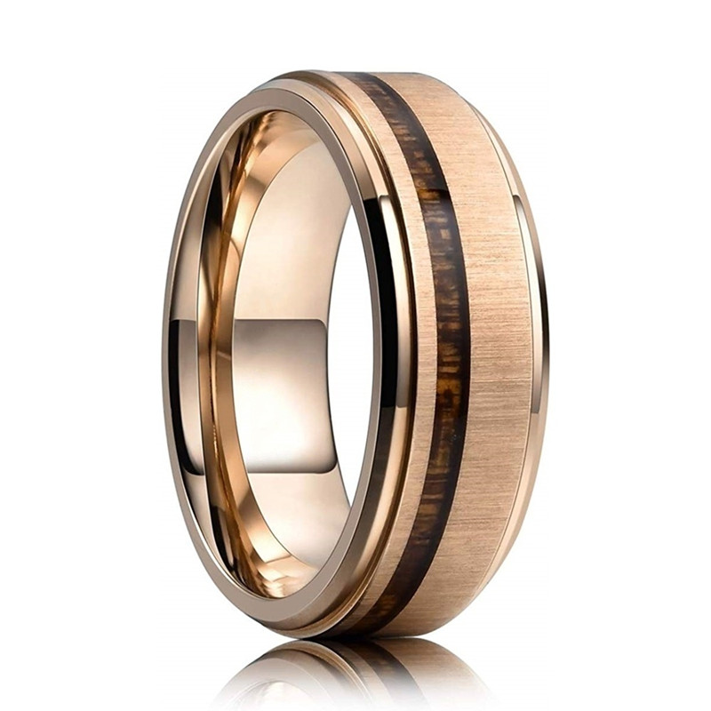 Stainless Steel Rose Gold Colour Wedding Rings Koa Wood Engagement Rings Comfort Fit And Men's Tungsten Party Jewelr