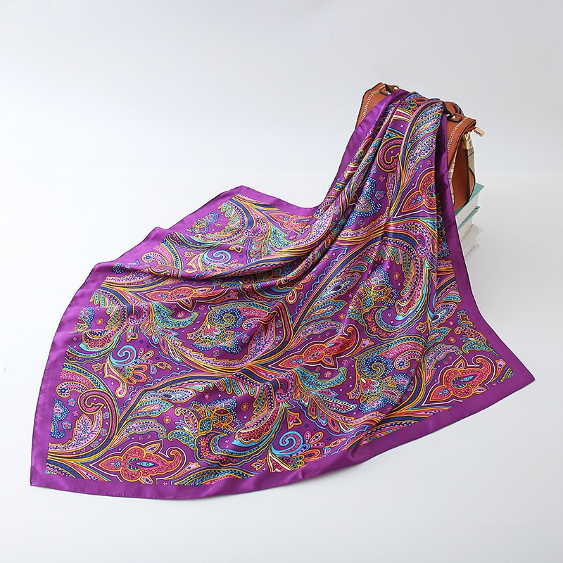 Paisley print sjaals en omslagdoeken dames haarsjaal halsdoek zijden satijnen hijab sjaals dames 90*90cm bandana hoofddoeken: Paars