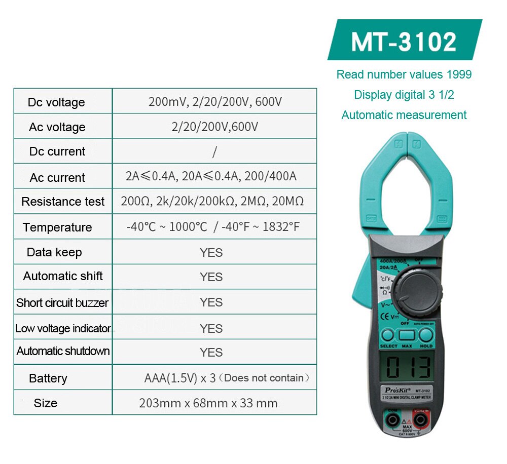 Intelligent Digital Clamp Meter Electrician Multimeter DC Current Resistance Measuring Multi Tester MT-3102