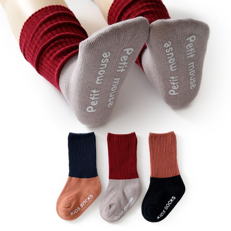 3 par / parti nyfødte sokker solid stribet efterår vinter baby dreng pige anti-slip sokker strikket bomuld varme børnestrømper: Stil 2 / 1-3y
