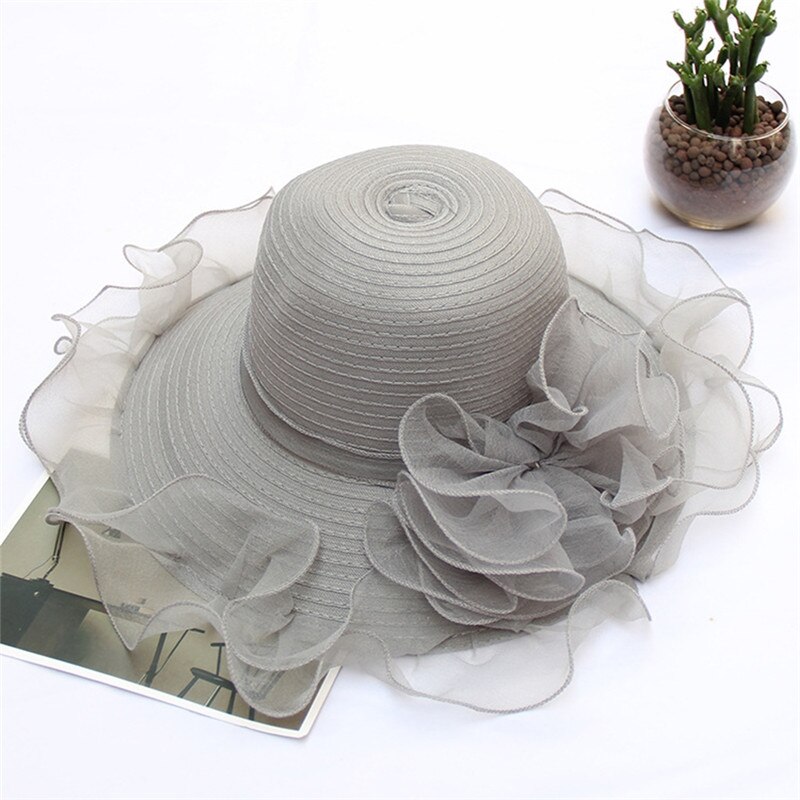 Sombrero de ala ancha tejido a mano para mujer, gorra con adornos de flores, Anti-UV, con cordones, ala ancha, para exteriores, Playa Floral: D