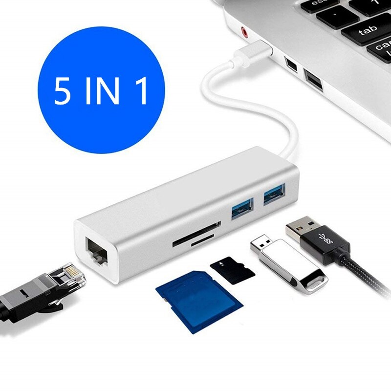 USB C Hub 5 en 1 Adaptador USB tipo C de alta velocidad con SD/lector de tarjetas TF RJ45 Gigabit USB 3,0 puertos para PC Mac