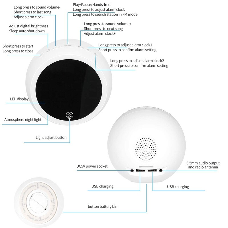 Digitale wekker, bluetooth speaker radiowekker voor slaapkamers, dubbele wekker met fm, twee usb-opladers, slaaptimer, temperatuur