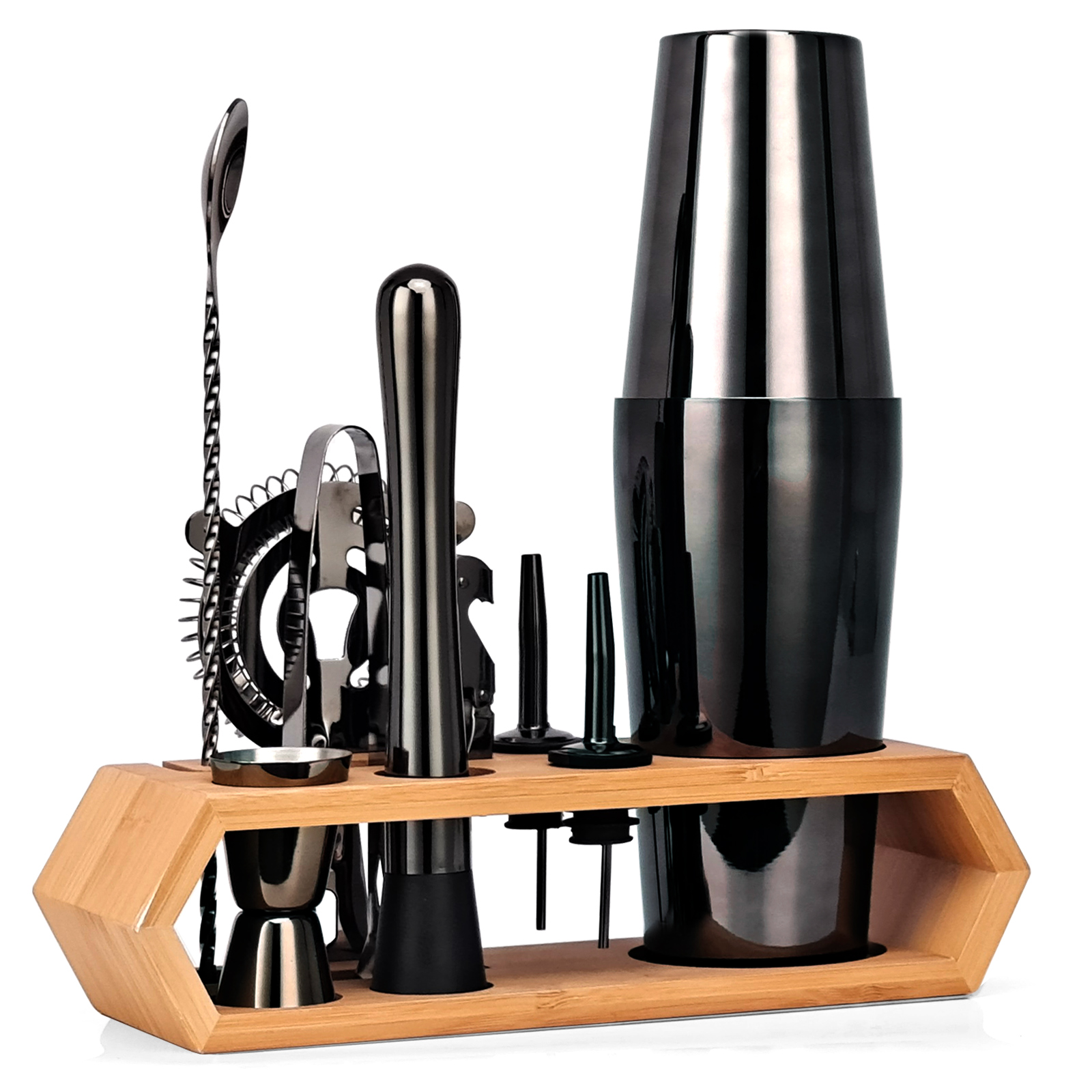 Cocktail Shaker Set Rose Gold,10-Piece Bartender Kit With Bamboo Stand,Tools Very Suitable For Family Party Use: Black-Boston