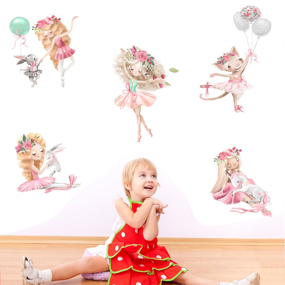 Girl Sticker Ballet Dancing Rabbits PVC Decorative Wall Stickers for Home Nursery Office Dorm Mural Decals Cartoon Wallpaper