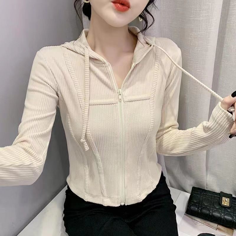 Spring Autumn Slim Patchwork Zipper T-shirt Lady Long Sleeve Solid Color Hooded Top Women Casual All-match Cardigan Tees: L / Khaki