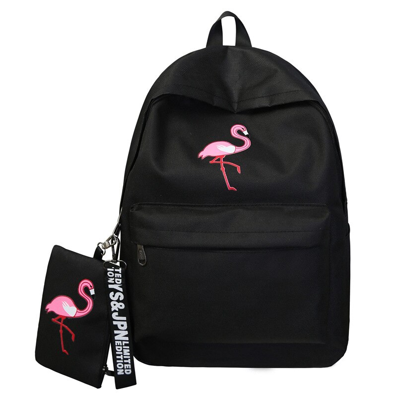 Piger skoletasker børn rygsække elevtasker stor kapacitet flamingo print lærred rygsæk til teenage piger tasker: Sort