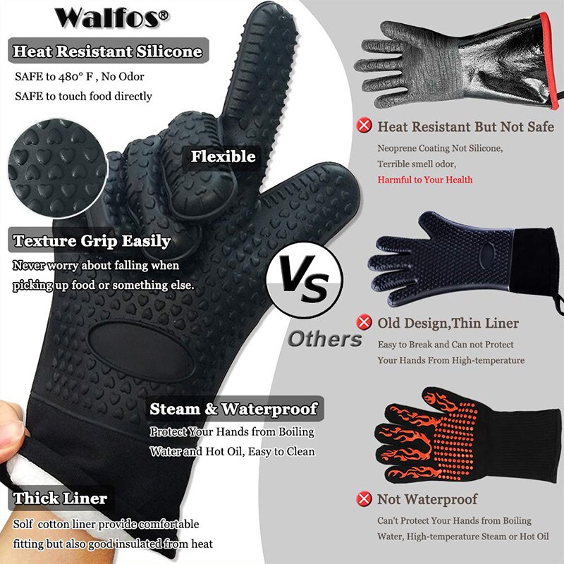 WALFOS long silicone kitchen glove-BBQ grill glove heat resistant cooking glove for grilling microwave oven mitts glove